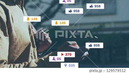 Image of social media icons and numbers over speech sick emojis with sick emojis and social media 129579512