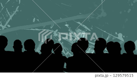 Image crowd silhouette over organic paint brush strokes moving over mid green background 129579515