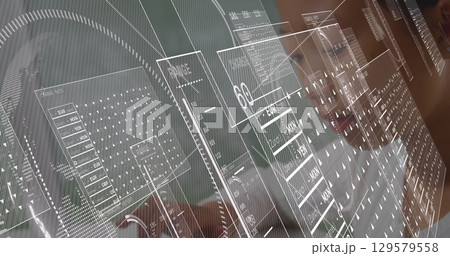 Image of data processing over asian schoolgirl using laptop 129579558