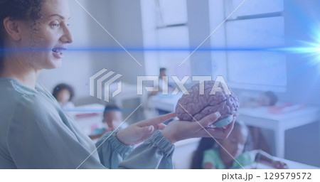 Composition of happy caucasian two businessmen shaking hands over cityscape Composition of happy caucasian two businessmen shaking hands over cityscape 129579572