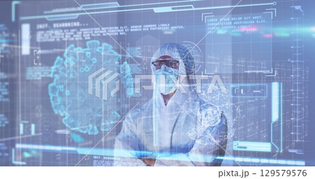 Image of data processing with virus cells over caucasian male doctor 129579576
