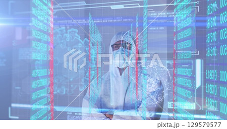 Image of data processing with virus cells over caucasian male doctor 129579577