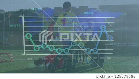 Image of statistics and data processing over diverse football players on pitch 129579585