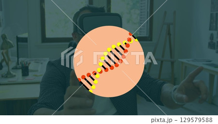 Image of dna structure spinning over caucasian man wearing vr headset at office 129579588