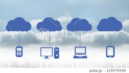 Image of clouds with electronic devices over cityscape Image of clouds with electronic devices over cityscape 129579599