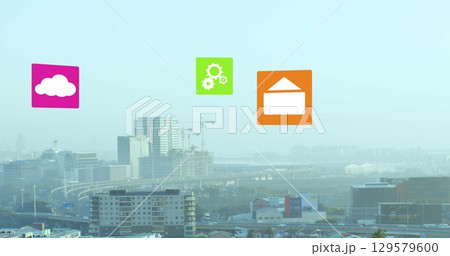 Image of multiple digital icons against aerial view of cityscape Image of multiple digital icons against aerial view of cityscape 129579600