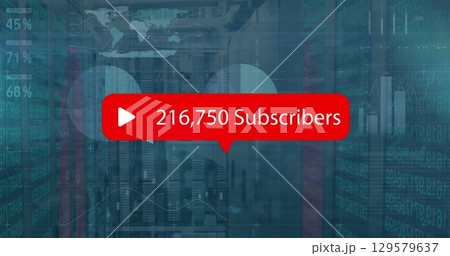 Image of social media subscribers notification over charts processing data on interface Image of social media subscribers notification over charts processing data on interface 129579637
