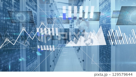 Image of statistical data processing against empty computer server room Image of statistical data processing against empty computer server room 129579644