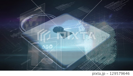 Image of padlock icon over data processing and fingerprint on black background 129579646
