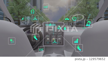 Image of icons and data processing over car interior 129579652