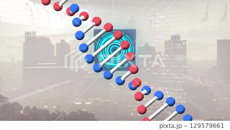 Image of scope scanning with data processing and dna strand over cityscape 129579661