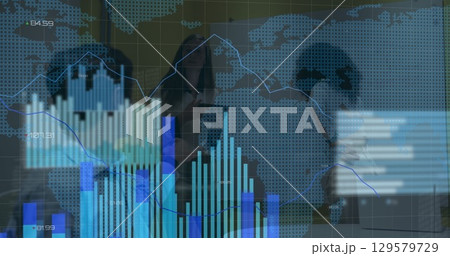 Image of financial data processing over businessman using basketball player 129579729