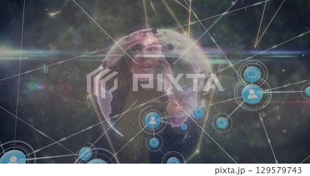 Image of network of connections over african american businesswoman talking on smartphone Image of network of connections over african american businesswoman talking on smartphone 129579743