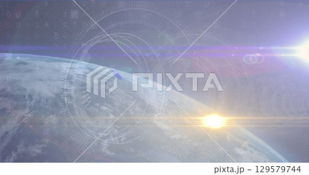 Displaying Earth curvature with semi-transparent HUD graphics and floating data in orbit, sun glare Displaying Earth curvature with semi-transparent HUD graphics and floating data in orbit, sun glare 129579744