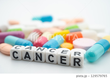 Cancer word with pills and capsules medical drug. Cancer word with pills and capsules medical drug. 129579765