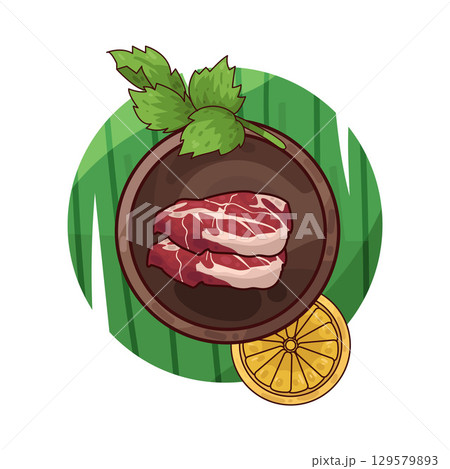 illustration of meat served on a plate with garnishes 129579893