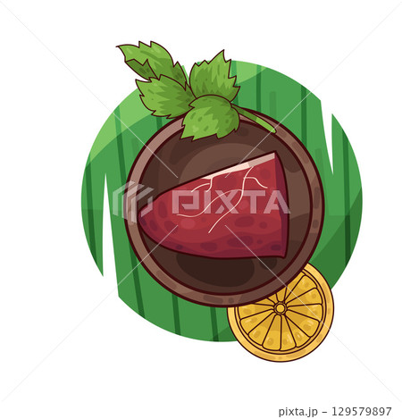 illustration of meat served on a plate with garnishes illustration of meat served on a plate with garnishes 129579897