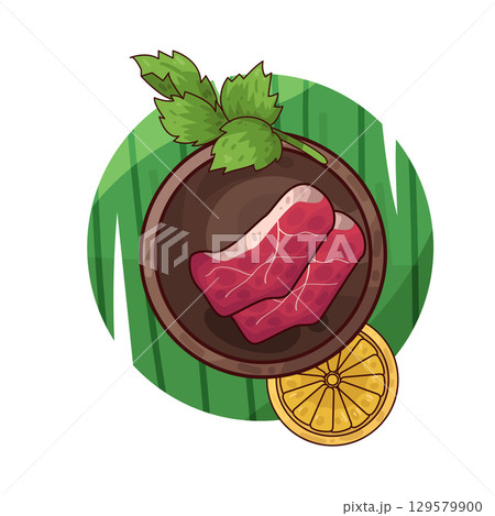 illustration of meat served on a plate with garnishes 129579900