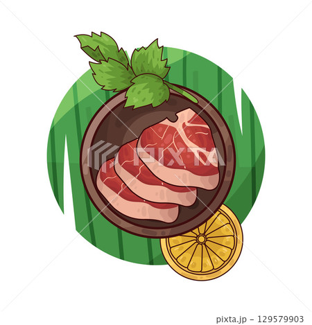 illustration of meat served on a plate with garnishes illustration of meat served on a plate with garnishes 129579903