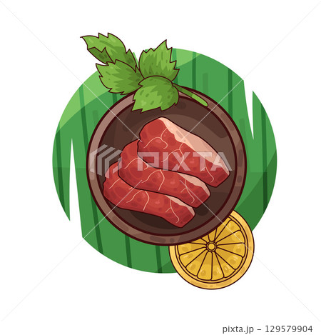 illustration of meat served on a plate with garnishes illustration of meat served on a plate with garnishes 129579904