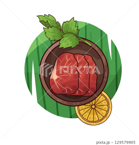 illustration of meat served on a plate with garnishes illustration of meat served on a plate with garnishes 129579905