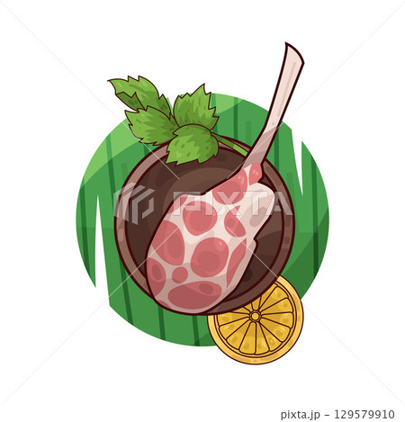 illustration of meat served on a plate with garnishes illustration of meat served on a plate with garnishes 129579910