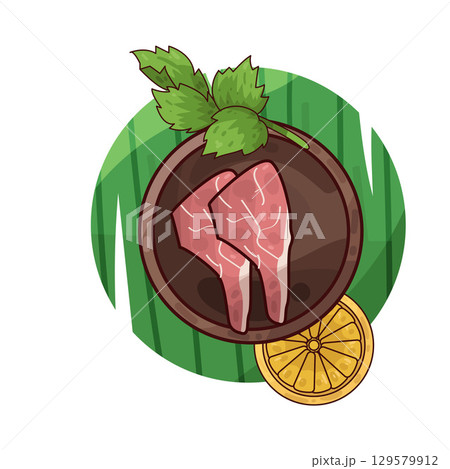 illustration of meat served on a plate with garnishes illustration of meat served on a plate with garnishes 129579912