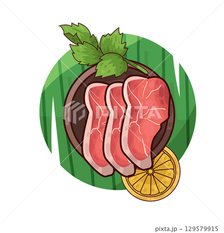 illustration of meat served on a plate with garnishes 129579915