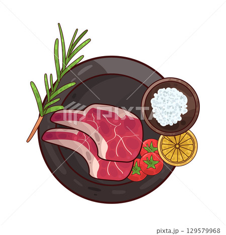 illustration of meat served on a plate with garnishes 129579968