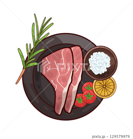 illustration of meat served on a plate with garnishes illustration of meat served on a plate with garnishes 129579979