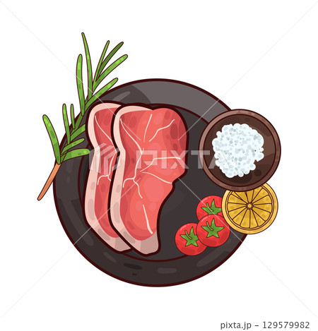 illustration of meat served on a plate with garnishes illustration of meat served on a plate with garnishes 129579982