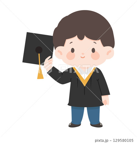 Cartoon Illustration of Boy Graduate Holding Mortarboard 129580105