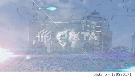 Image of graphic interface and birds flying around bulldozer unloading junk at landfill 129580171