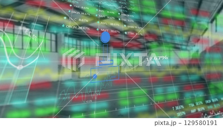 Image of financial graphs and globe over empty hall Image of financial graphs and globe over empty hall 129580191