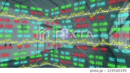 Image of globe and financial data processing over cityscape 129580195