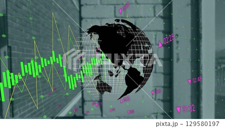 Image of financial graphs and globe over building Image of financial graphs and globe over building 129580197