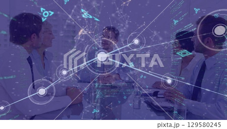 Image of programming text, dots connecting with lines and caucasian team discussing in office 129580245