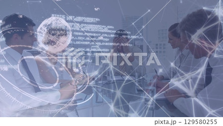 Image of globe, circle, lines, coding over caucasian frustrated ceo shouting on coworkers 129580255