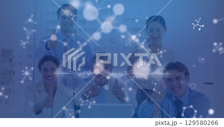 Image of moving shapes over diverse business people in office 129580266