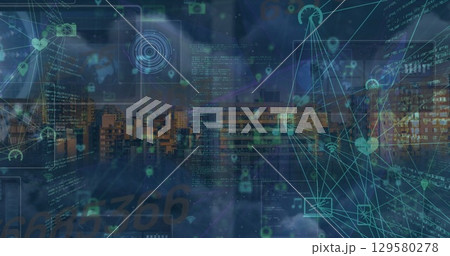 Image of network of connections with icons over data processing Image of network of connections with icons over data processing 129580278