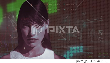 Image of statistics and financial data processing over caucasian woman 129580305