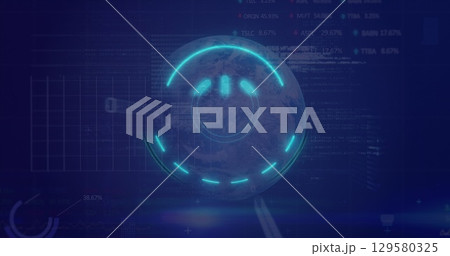 Image of processing circle with power button over digital screen with globe and financial data 129580325