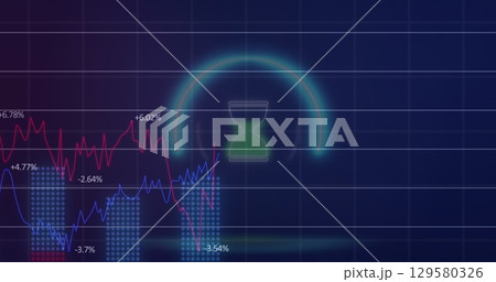 Image of neon circle with hourglass over digital screen with financial graphs 129580326