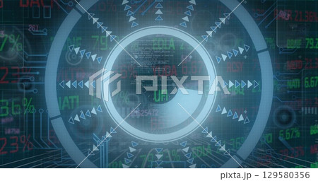 Image of numbers, processing circle and financial data on digital screen 129580356