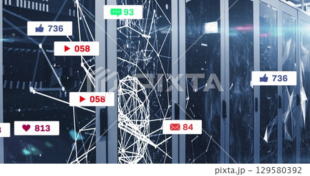 Image of social media icons and numbers and network of connections over computer servers 129580392