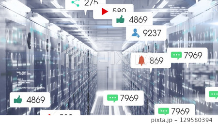 Image of social media icons and numbers and data processing over computer servers 129580394