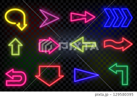 Neon arrows pointing in different directions, multi-colored, with a transparent effect. 129580395