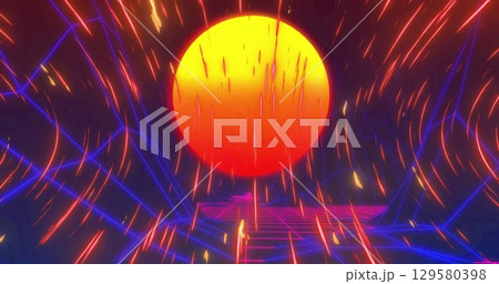 Image of light trails over mountains and sun 129580398