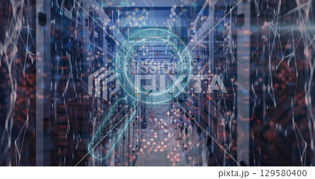 Image of mission text over reading glass and server room 129580400