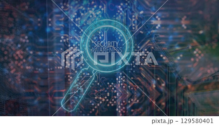 Image of security awareness text over reading glass and server room 129580401
